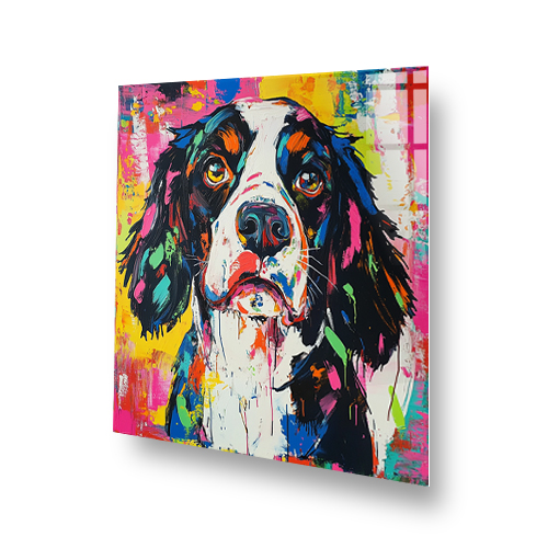 Colourful graffiti-style English Springer Spaniel splashback in vibrant pink, yellow, blue, and green. Side View