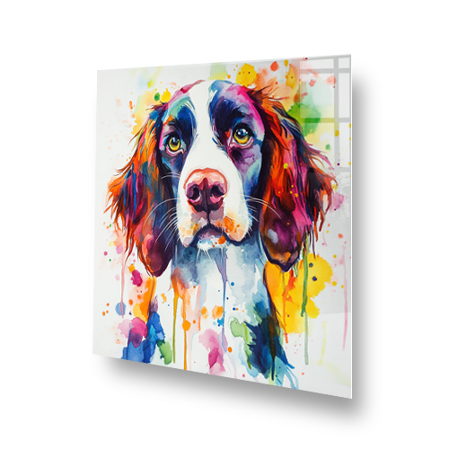 Vibrant English Springer Spaniel watercolour splashback art featuring blues, reds, yellows, and greens. Side View