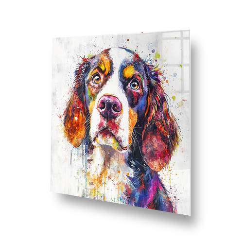Vibrant watercolour English Springer Spaniel splashback art with colourful splashes. Side View