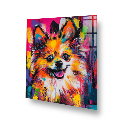 Colourful Pomeranian graffiti splashback art with vibrant colours. Side View