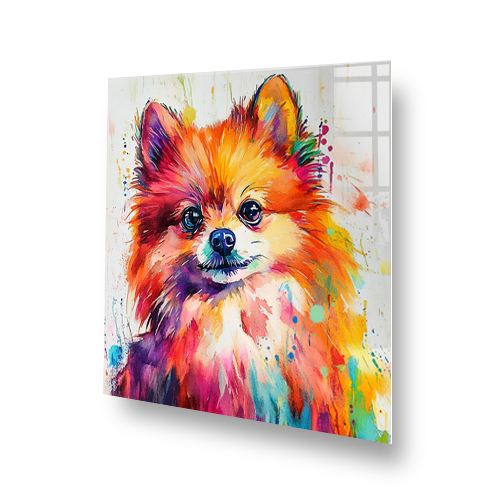 Colourful Pomeranian splashback art with vibrant orange, purple, yellow, and green hues. Side View