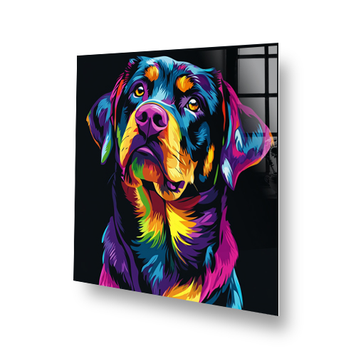 Vibrant neon Rottweiler splashback art in pop art style. Side View
