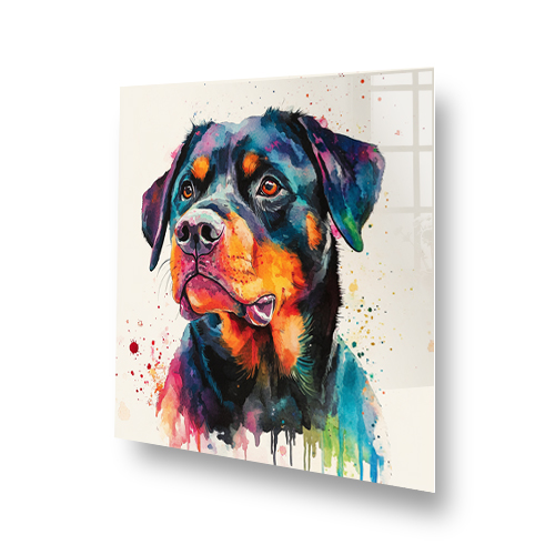 Colourful watercolour Rottweiler splashback art with bold colours Side View