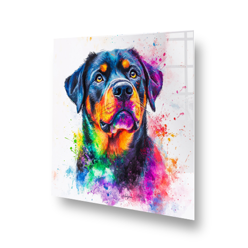 Colourful Rottweiler splashback art with abstract watercolour and splatter design. Side View