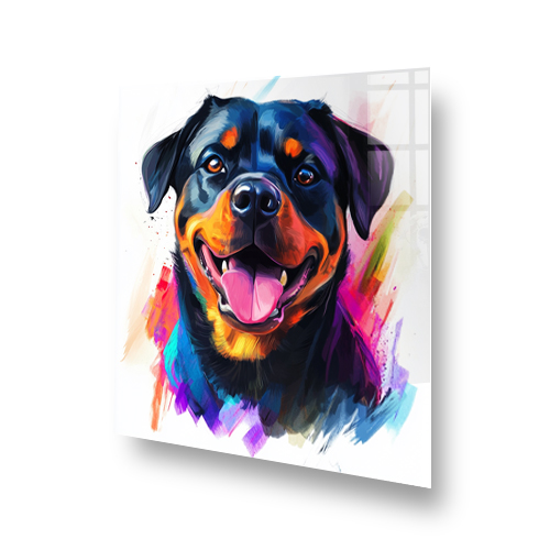 Colourful abstract Rottweiler splashback art with vivid colours. Side View