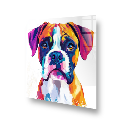 Colourful Boxer dog splashback art with vibrant orange, blue, and purple hues. Side View