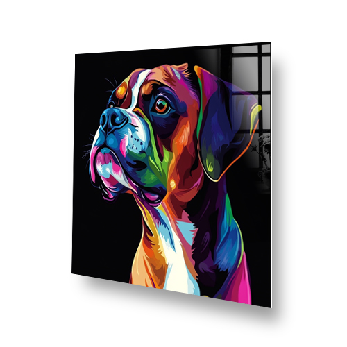 Colourful Boxer dog in neon pop art style splashback. Side View