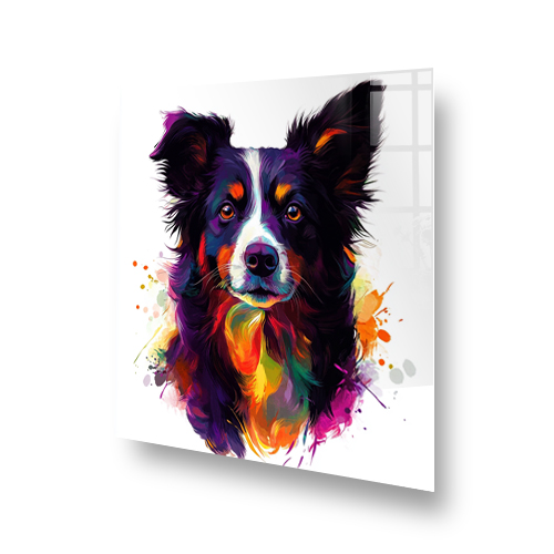 Colourful abstract Border Collie splashback art with vibrant purples, oranges, and yellows. Side View