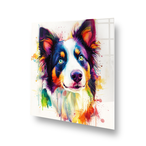 Vibrant Border Collie splashback art with blues, purples, oranges, and yellows. Side View