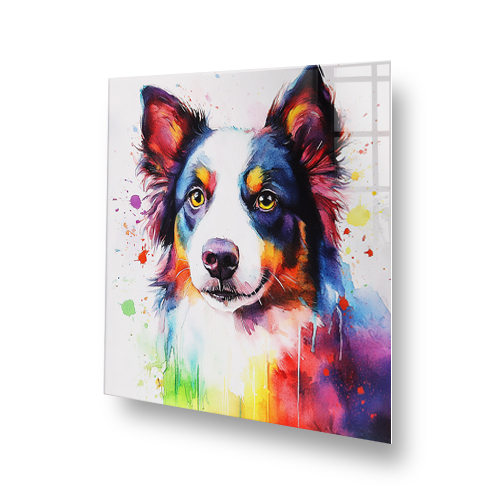 Colourful Border Collie splashback art with vibrant blue, purple, orange, yellow, and green hues. Side View