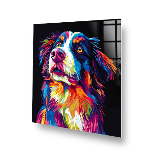 Colourful pop art of a Border Collie with vibrant blue, red, and yellow hues. Side View