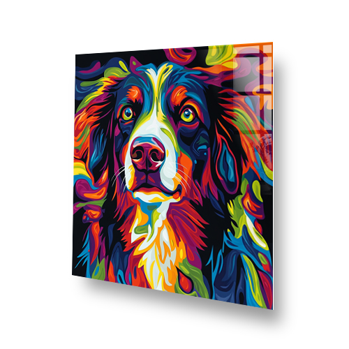 Colourful psychedelic Border Collie splashback art with bold reds, blues, yellows, and oranges. Side View