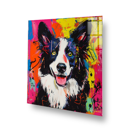 Colourful Border Collie graffiti style splashback art with pink, yellow, and orange. Side View