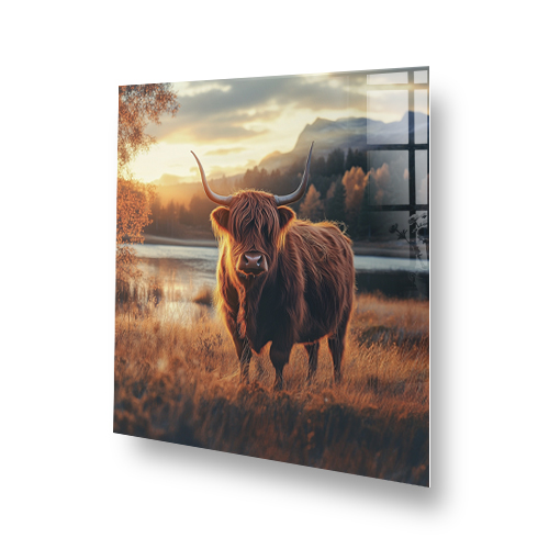 Highland Cow splashback art with golden hour colours Side View