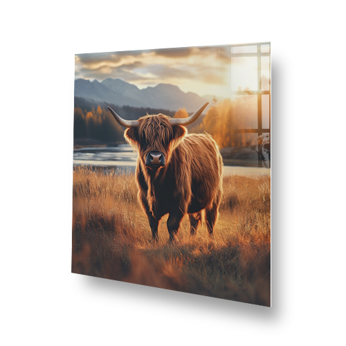 Highland Cow splashback art with mountains and loch. Side View