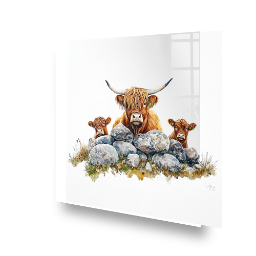 Highland Cows and Stone Wall splashback art titled "Moooody Viewpoint" with cows and stones in rustic colours. Side View