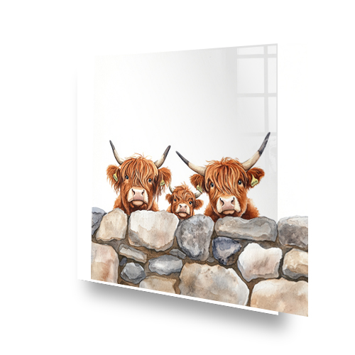 Highland cows behind a stone wall in whimsical splashback design. Side View