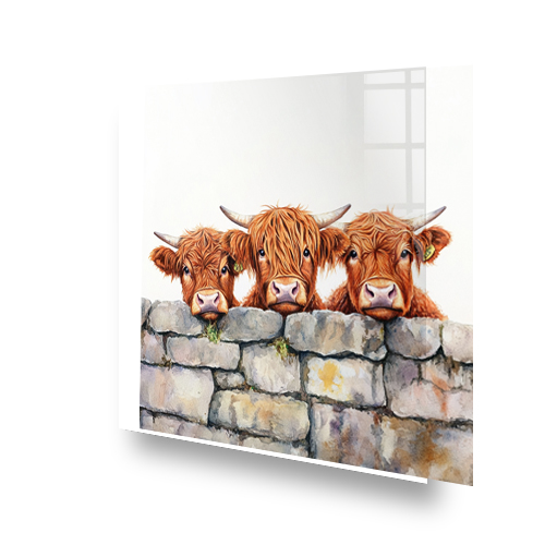Highland cows peering over a stone wall printed splashback art Side View