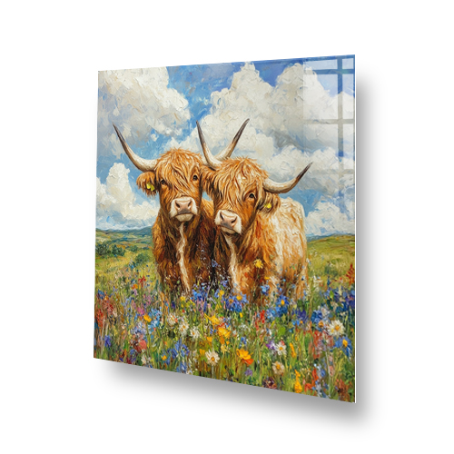 Highland cows standing in a field of colourful wildflowers under a blue sky. Side View