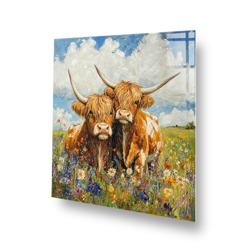 Highland cows and wildflowers splashback with vibrant colours. Side View
