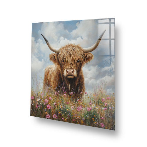 Artwork of Highland cow with wildflowers and blue sky. Side View