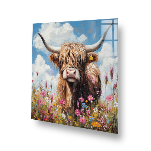 Highland cow with wildflowers in vibrant, colourful art splashback. Side View