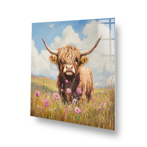 Highland cow in meadow with wildflowers and blue sky. Side View