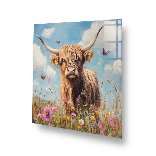Highland cow with wildflowers and butterflies splashback art Side View