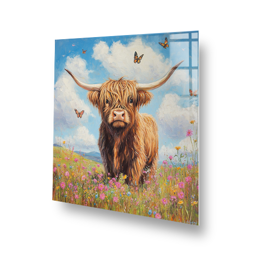 Highland cow in wildflowers with butterflies in art splashback Side View