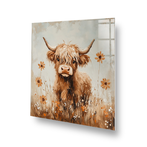Highland cow with wildflowers splashback art in earthy tones Side View