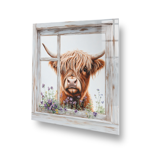 Highland cow looking through a window with flowers, rustic art style. Side View