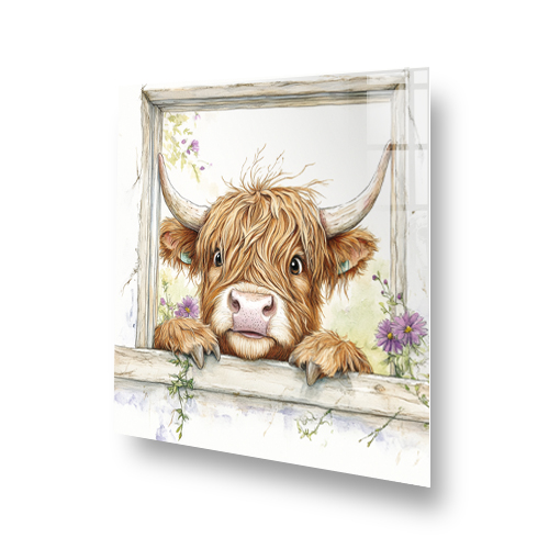 Highland cow peeking through a window splashback with flowers in soft colours. Side View