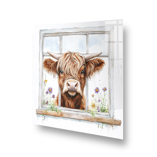 Highland Cows looking through window with wildflowers splashback art Side View