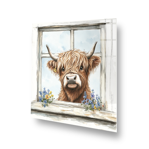 Highland cow looking through a window with blue and yellow flowers. Side View