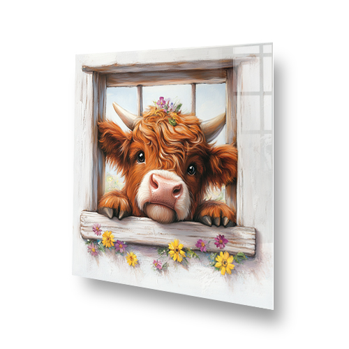 Highland cow looking through window with flowers in vibrant art style splashback. Side View