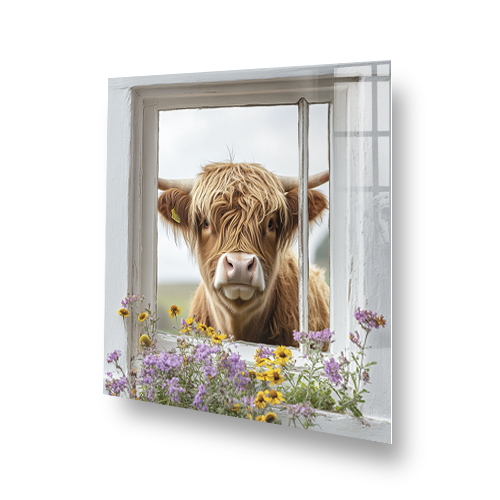 Highland cow looking through window with wildflowers. Side View