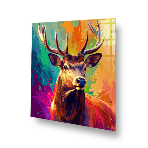 Colourful digital painting of a stag printed splashback with bold abstract colours and modern style Side View