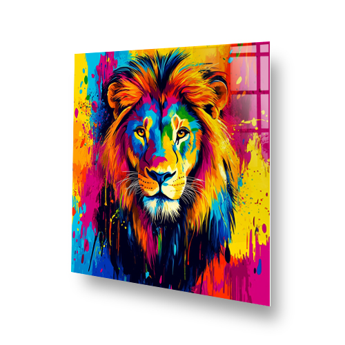 Vibrant multi-coloured lion splashback with bold brushstroke art style Side View