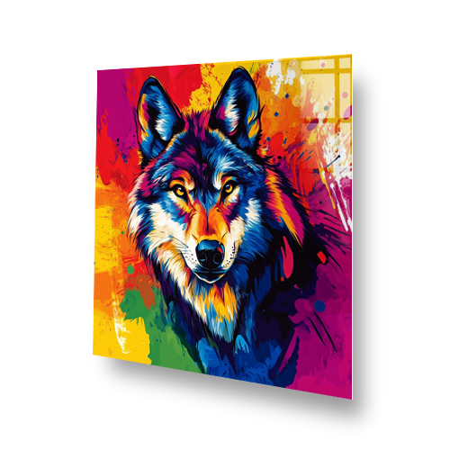 Colourful pop-art style wolf splashback in vivid rainbow colours Side View