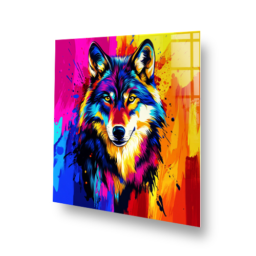 Colourful pop art style wolf splashback featuring vibrant blue, red, yellow, pink and orange tones Side View