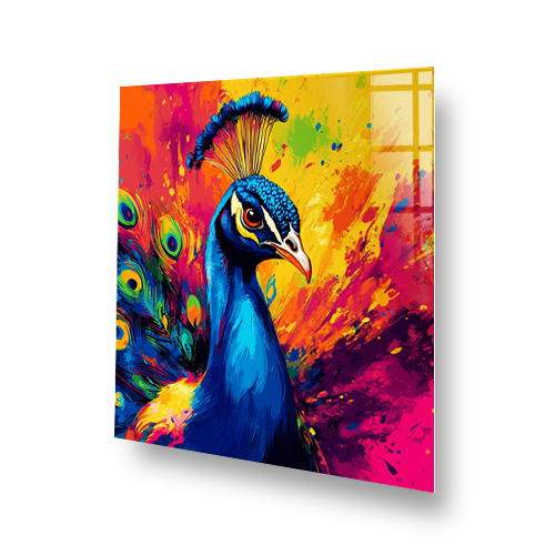 Colourful peacock printed splashback with abstract art style Side View