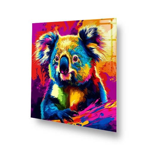 Vibrant pop art koala printed kitchen splashback in bold rainbow colours Side View