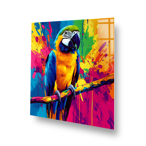 Colourful modern parrot printed kitchen splashback with pop art and vibrant paint splashes. Side View