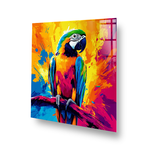 Colourful digital art parrot splashback with vibrant splashes and pop art style Side View