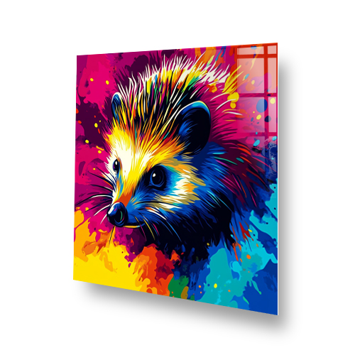 Vibrant colourful hedgehog printed on toughened glass splashback with abstract pop art style Side View