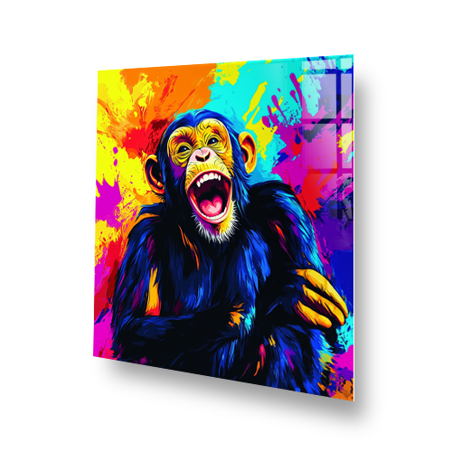 Colourful pop art chimpanzee splashback with vibrant blue, yellow, orange, pink, and purple splashes Side View
