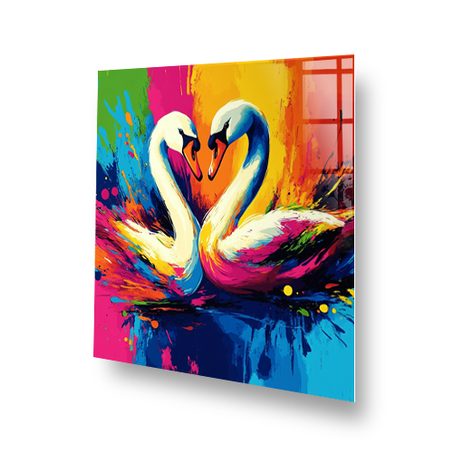 Colourful swans printed splashback with abstract vibrant background Side View