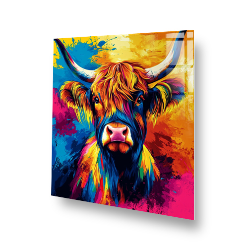 Highland Hue Hero splashback with vibrant multicolour pop-art Highland cow design Side View