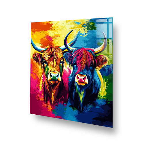 Colourful Highland Cows printed on toughened glass splashback in modern vibrant art style Side View