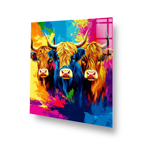 Colourful Highland Cows printed kitchen splashback with vibrant pop art style Side View